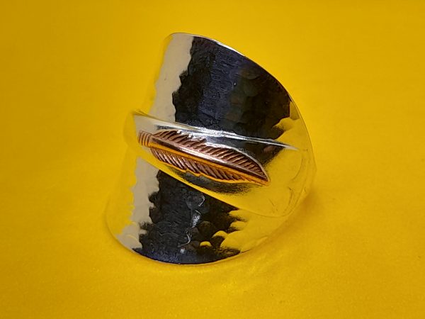 Sterling Silver Coffeespoon Ring with Copper Feather