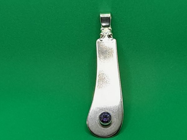 Sterling Silver Butter Knife Pendant with Purple Zirconia Gemstone