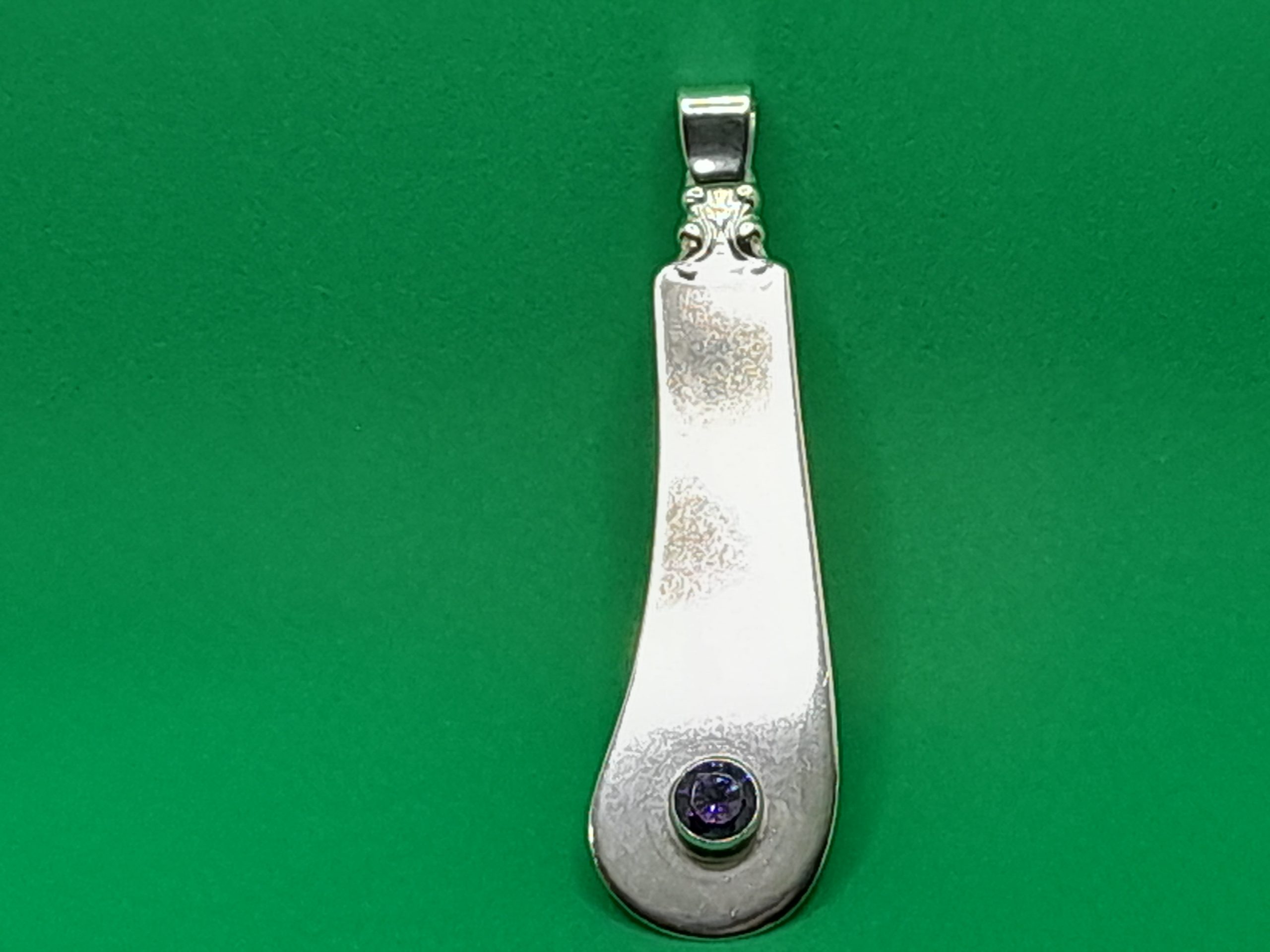 Sterling Silver Butter Knife Pendant with Purple Zirconia Gemstone