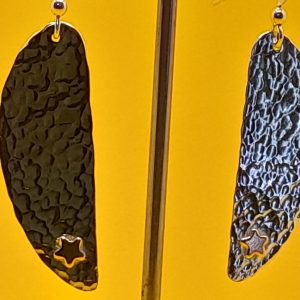 Silver Earrings made from a flatten coffee spoon bowl with added copper stars