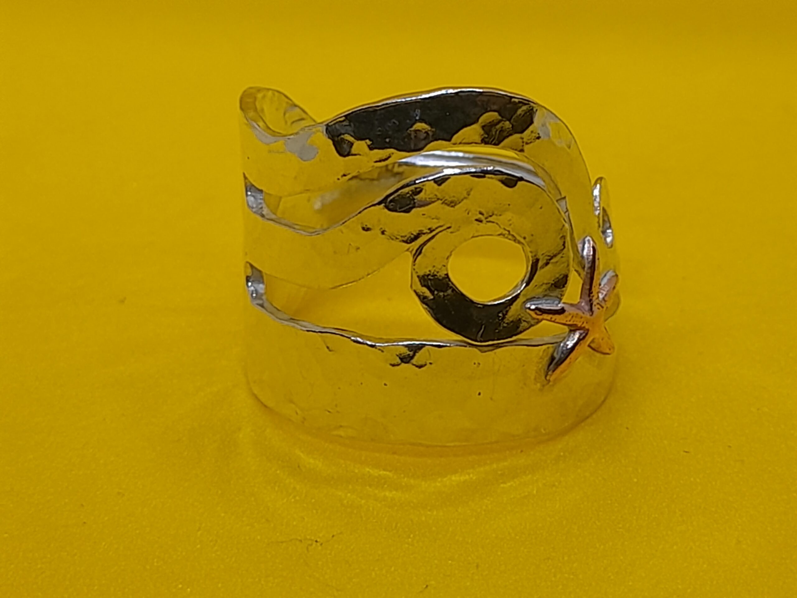 Solid Silver Cake Fork Ring with Hammered effect & Copper Star Fish - Image 2