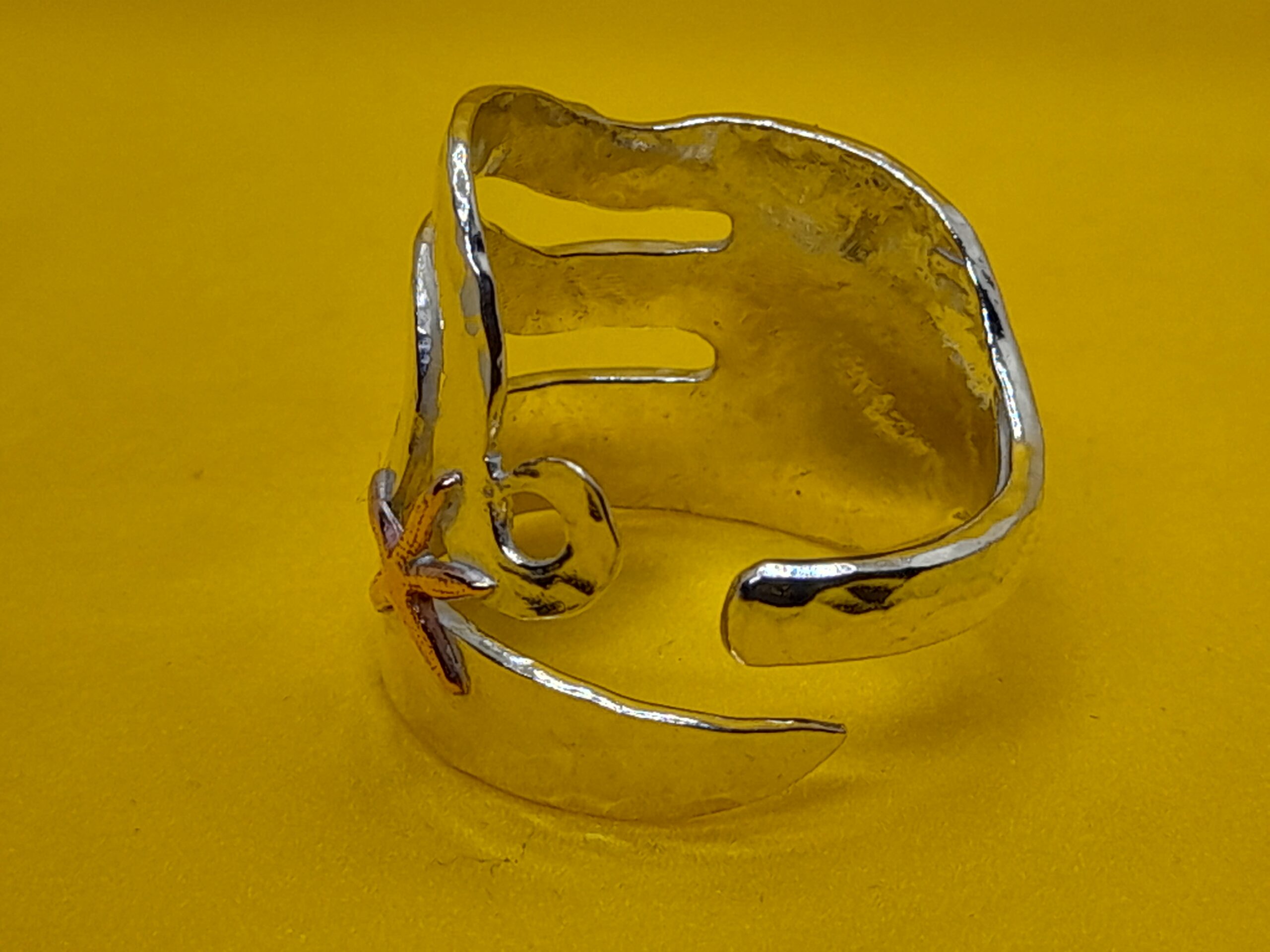 Solid Silver Cake Fork Ring with Hammered effect & Copper Star Fish - Image 5