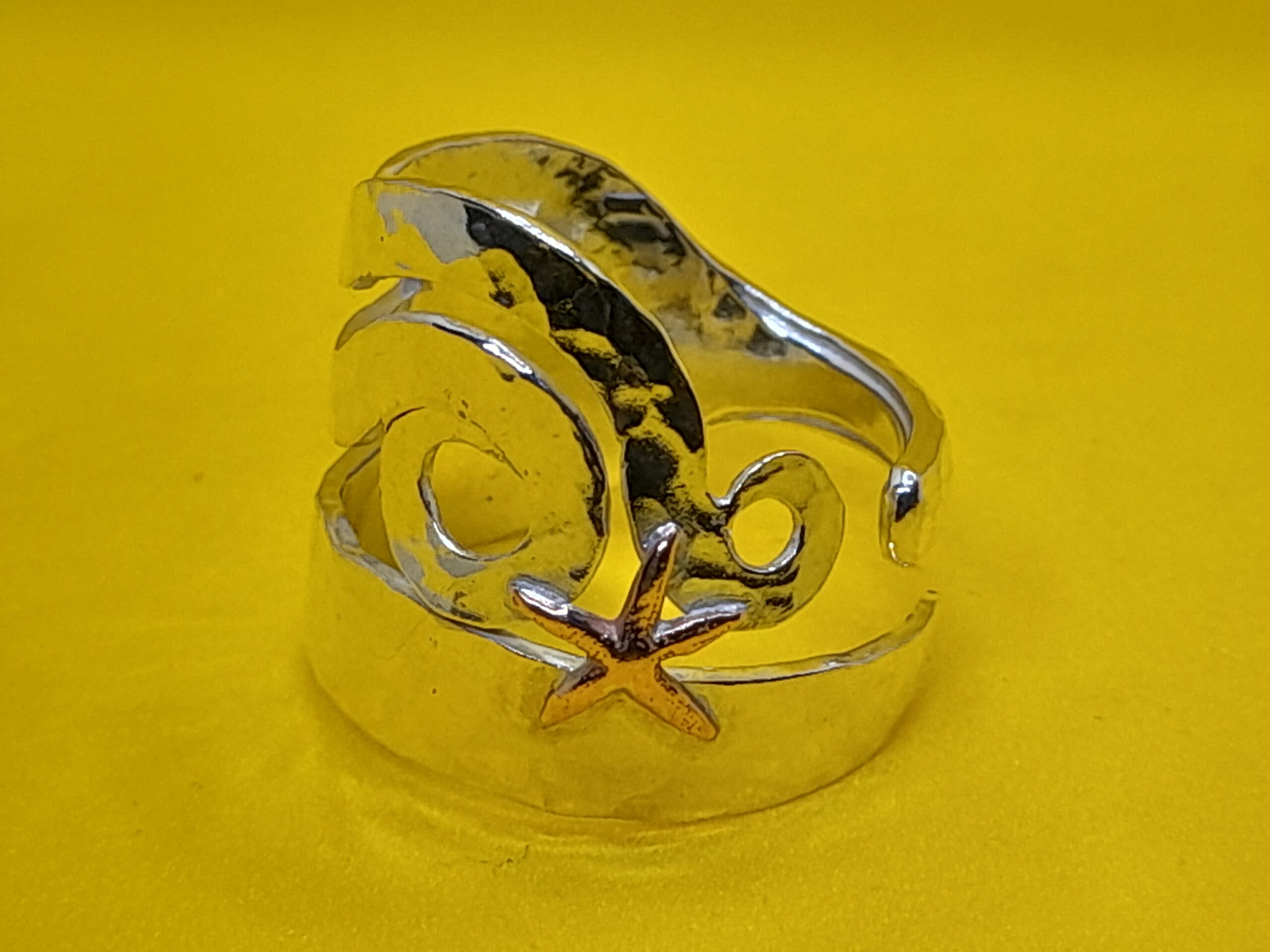 Solid Silver Cake Fork Ring with Hammered effect & Copper Star Fish